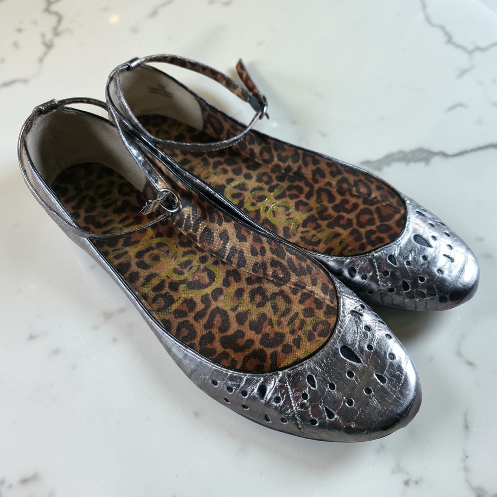 Sam‎ Edelman Leather Leopard Mary Jane Ballet Flats Strap Buckle Size 7 M New